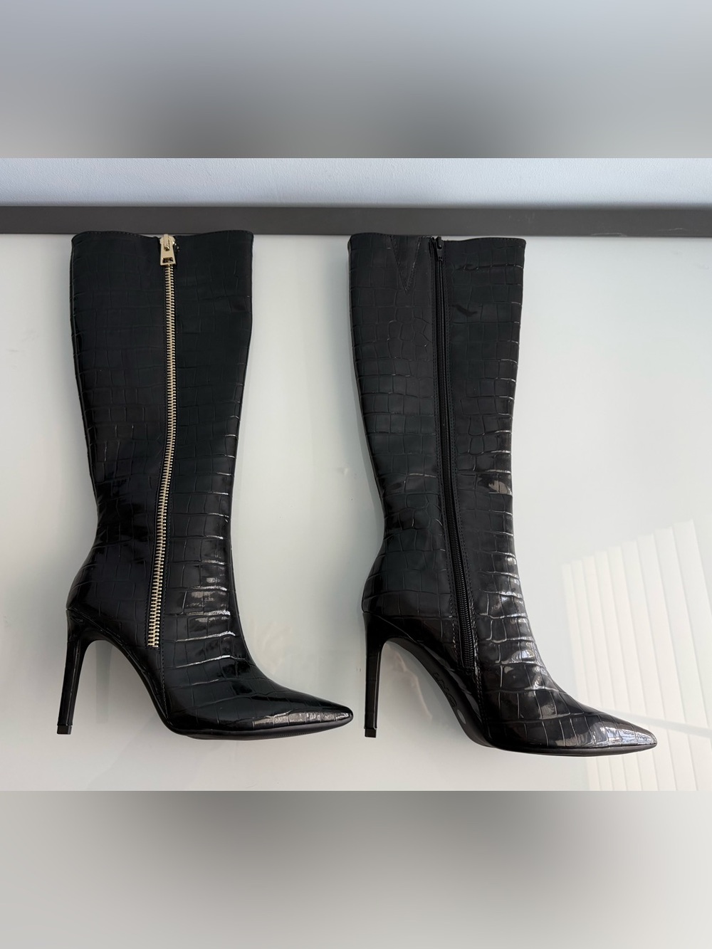 INC International Concepts Black Croc-Embossed Knee Boots with Gold Zip